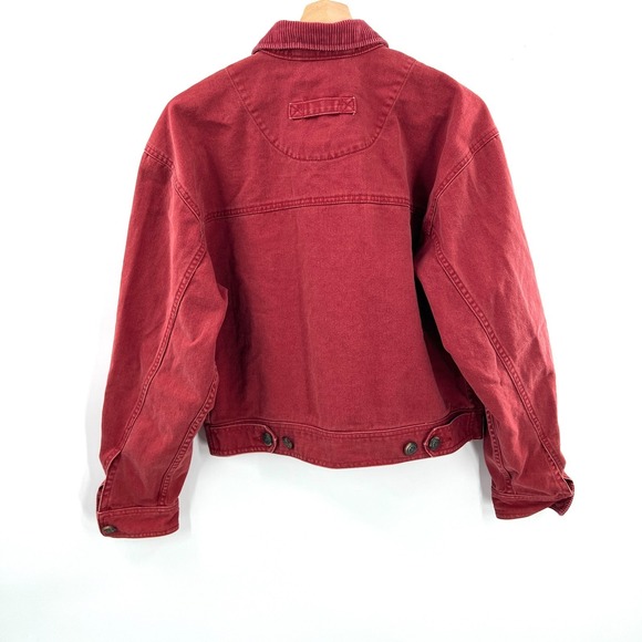 Vintage 80s Lizwear croped trucker denim jacket burgundy red corduroy accent M - Picture 15 of 16